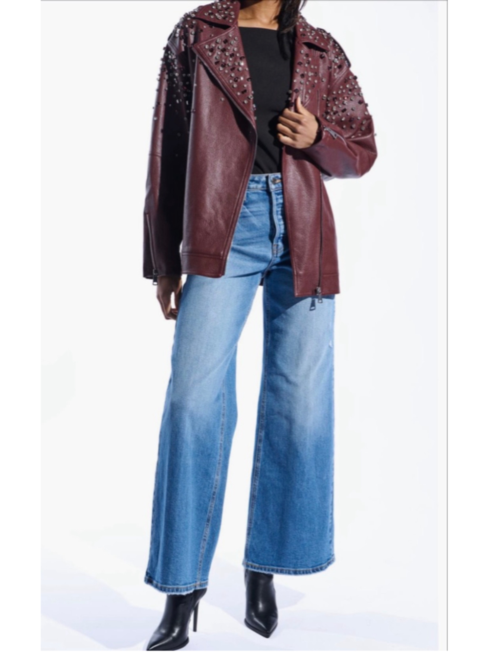 Azalea Wang Catrine Burgundy Rhinestone Oversized Jacket M Burgundy Embellished - Picture 4 of 8